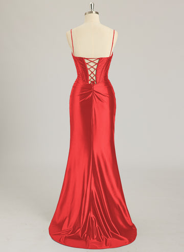 Trumpet/Mermaid V-Neck Sweep Train Silky Satin Prom Dresses With Rhinestone Sequins Beading